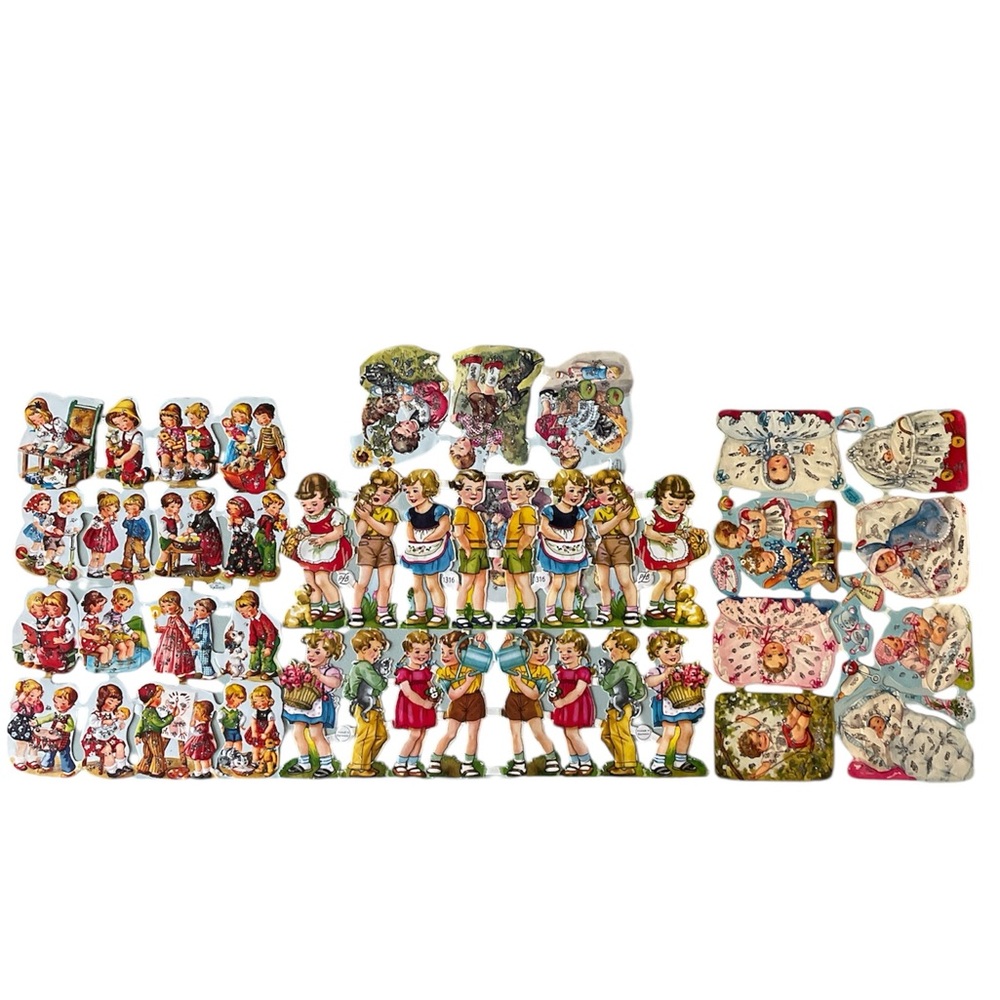 LOT VINTAGE GERMAN  CHROMOLITHOGRAPH DIE- CUT PAPER SCRAPS CHILDREN & BABIES
